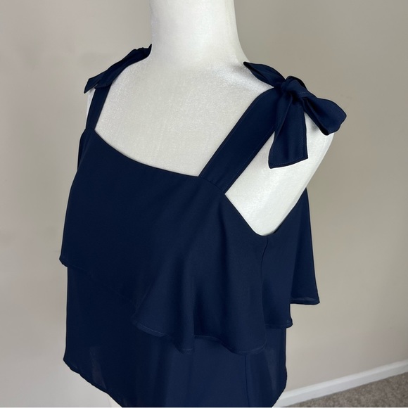 LOFT TIERED SQUARE NECK TANK TOP BOW STRAPS SIZE SMALL PETITE NAVY BLUE - Picture 7 of 16